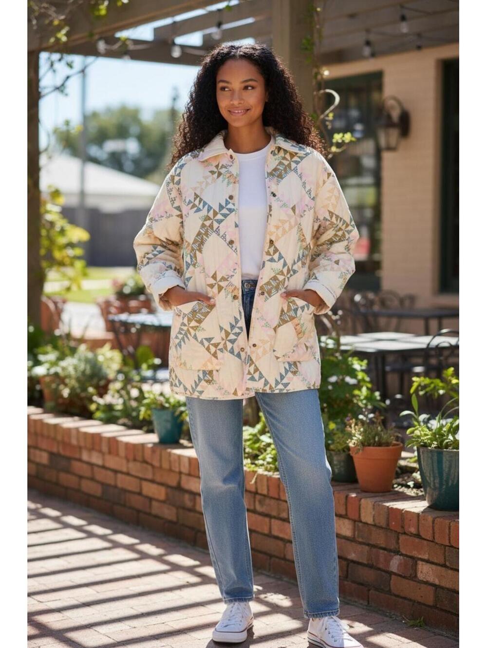 Universal Thread Quilted Jacket Womens Medium Patchwork Print Snap Front Coat